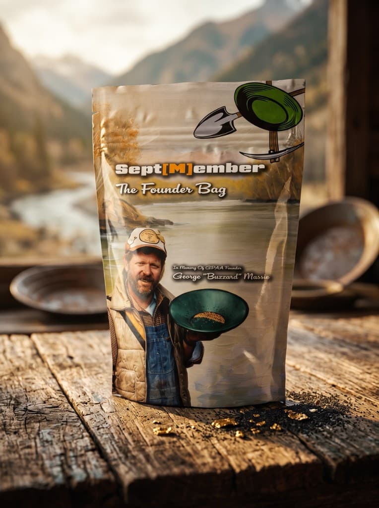 The Founder Bag on a prospecting table with gold nuggets