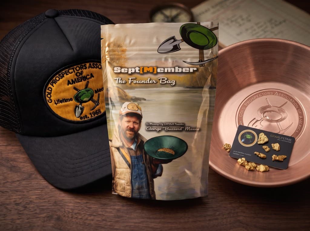 GPAA Lifetime Member hat, The Founder Bag, and a copper pan with gold nuggets